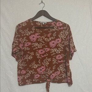 Madewell Orange & Pink Floral Short Sleeve Tie Front Blouse. Size Large